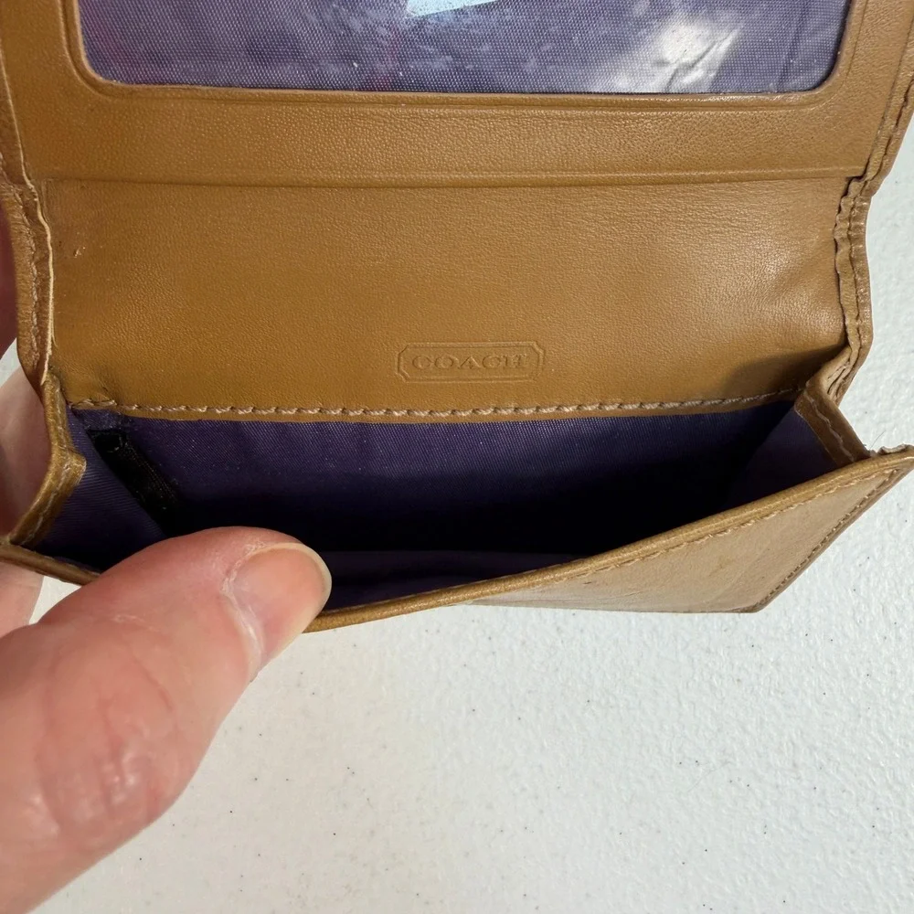 Coach Card Holder Signature Jacquard Leather Trim ID Holder Window Brown‎ Tan